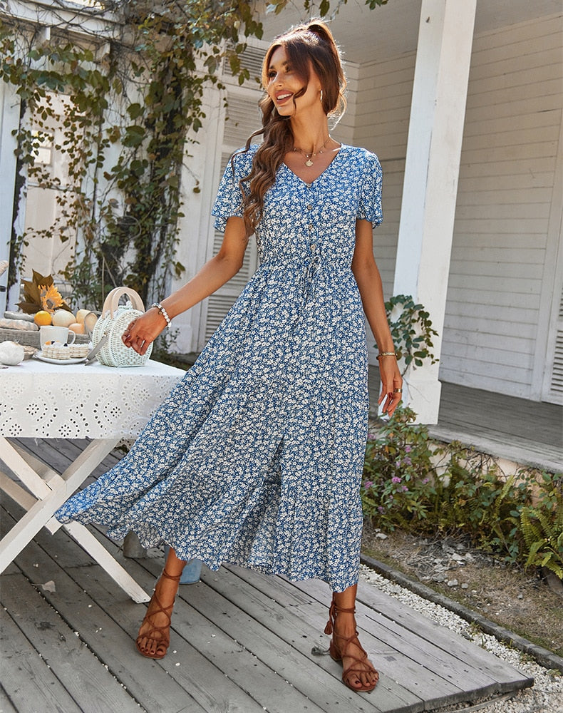 Vintage Floral Dresses for Women Elegant Loose New Slit Dress Summer Beach Holiday Leisure Long Dresses High Waist Print Vestido