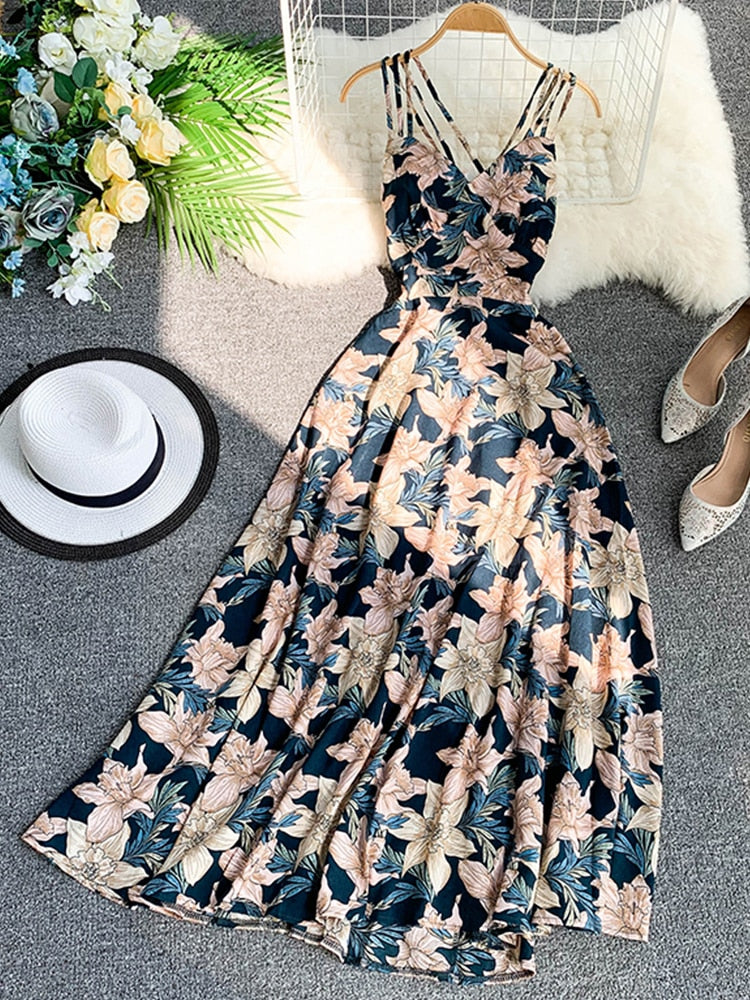 Fitaylor Summer Women Floral Print Long Dress Sexy V-neck Backless Dress Female Elegant Bohemian Party Dress