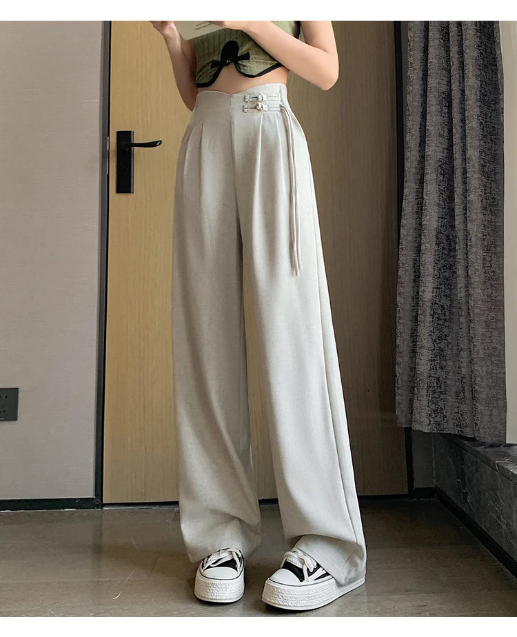 New Linen High Waist Suit Wide Leg Women's Full Pants Spring Summer Female Elegant Minimalism Straight Loose Trousers