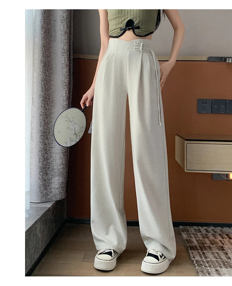 New Linen High Waist Suit Wide Leg Women's Full Pants Spring Summer Female Elegant Minimalism Straight Loose Trousers