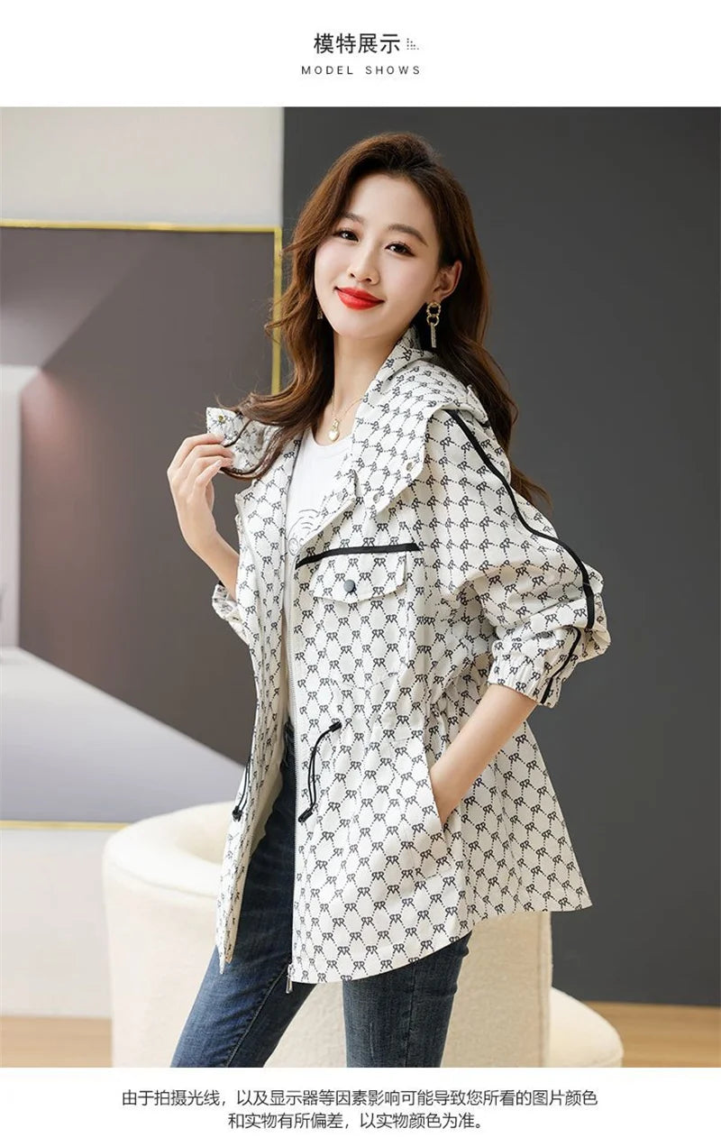 2024 Spring Autumn Korean High-grade Casual Hooded Windbreaker Women Loose Temperament Fashion Print Trench Coat Female Outcoat