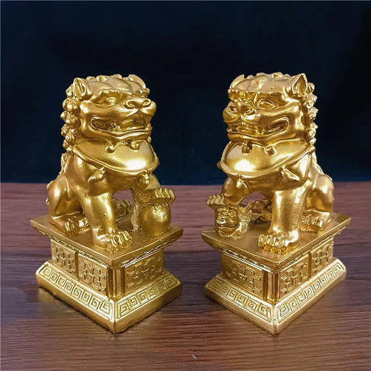 2Pcs Gold Fu Foo Dogs Lions Statues Feng Shui Man-made Jade Stone Buddha Dragon Sculpture Figurines Statue Home Decoration