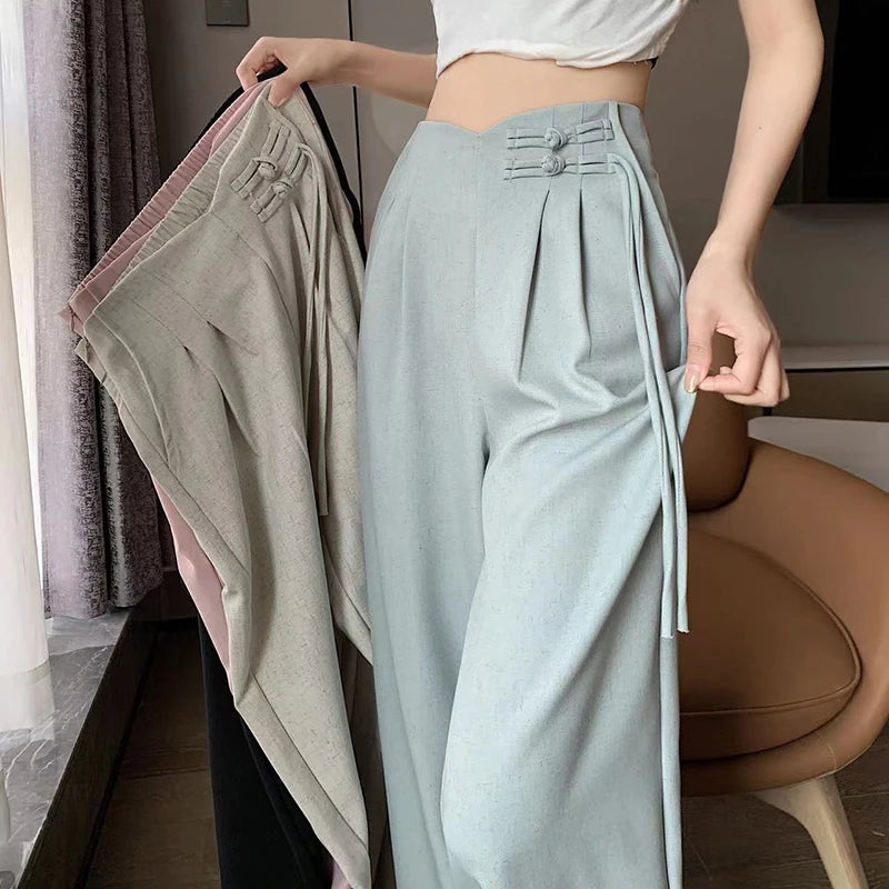 New Linen High Waist Suit Wide Leg Women's Full Pants Spring Summer Female Elegant Minimalism Straight Loose Trousers
