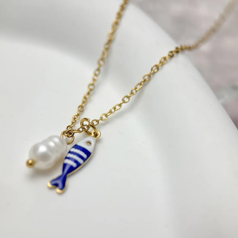 Gold Fish Pendant Necklace with Freshwater Pearl — Gold Plate