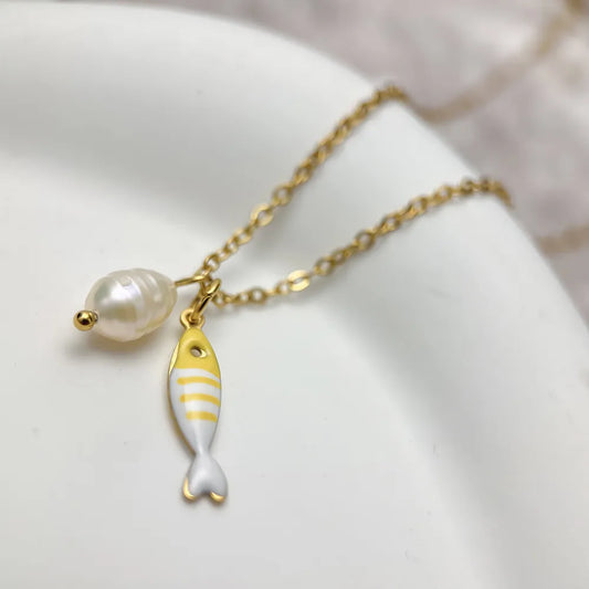 Gold Fish Pendant Necklace with Freshwater Pearl — Gold Plate