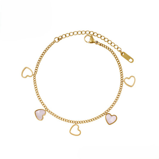 14K Gold Plated Heart Charm Bracelet with Mother of Pearl Accents