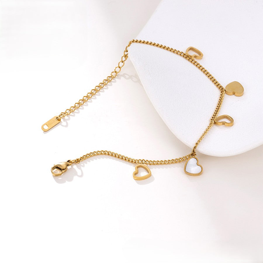 14K Gold Plated Heart Charm Bracelet with Mother of Pearl Accents