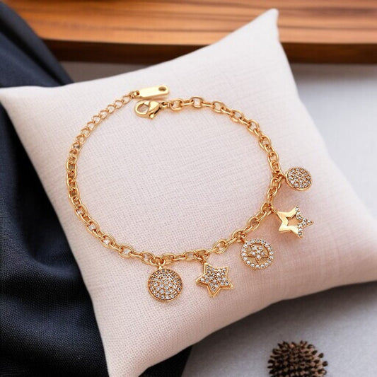 Fashion Gold Chain Bracelet with Zirconia Charms - 18K Gold Plated