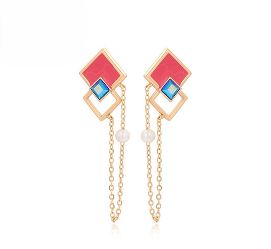18K Gold Plated Geometric Dangle Earrings with Pink Enamel, Blue Crystal & Pearl