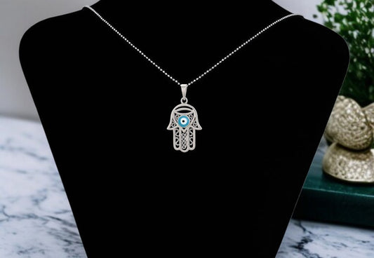 Protective Silver Hamas Hand Pendant with Evil Eye