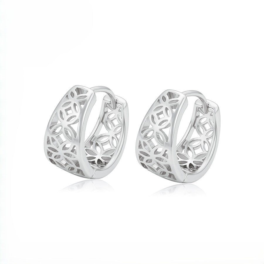 Empress Platinum Plated Geometric Filigree Huggie Earrings | Openwork Lattice Cut-Out Chunky Hoop Earrings