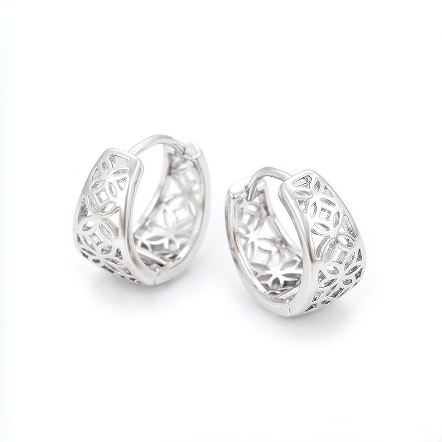 Empress Platinum Plated Geometric Filigree Huggie Earrings | Openwork Lattice Cut-Out Chunky Hoop Earrings