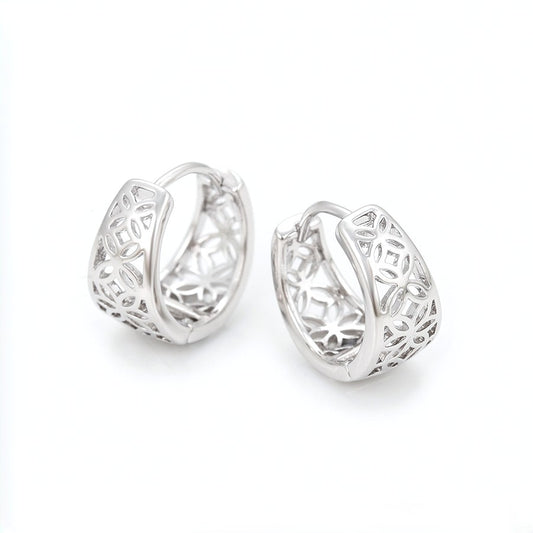Empress Platinum Plated Geometric Filigree Huggie Earrings | Openwork Lattice Cut-Out Chunky Hoop Earrings