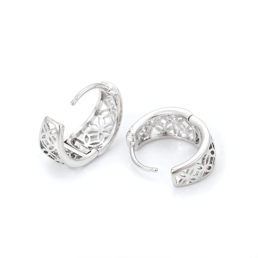 Empress Platinum Plated Geometric Filigree Huggie Earrings | Openwork Lattice Cut-Out Chunky Hoop Earrings