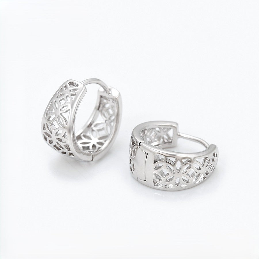 Empress Platinum Plated Geometric Filigree Huggie Earrings | Openwork Lattice Cut-Out Chunky Hoop Earrings