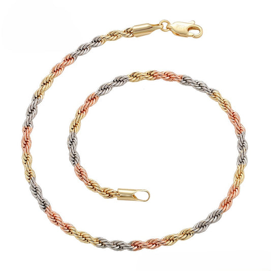 Yellow, White & Rose Gold Twisted Rope Bracelet in 14k Gold Plated- Stylish Tri-Tone Bracelet