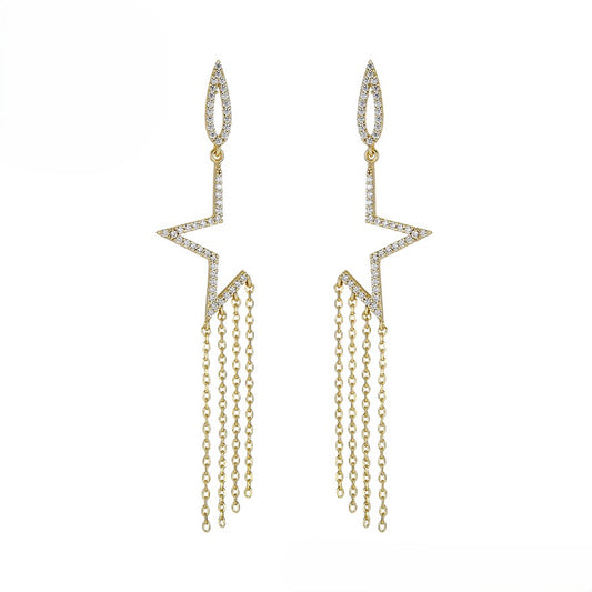 Star Earrings with Chain Fringe and Crystal Accents - 14K Gold Plated