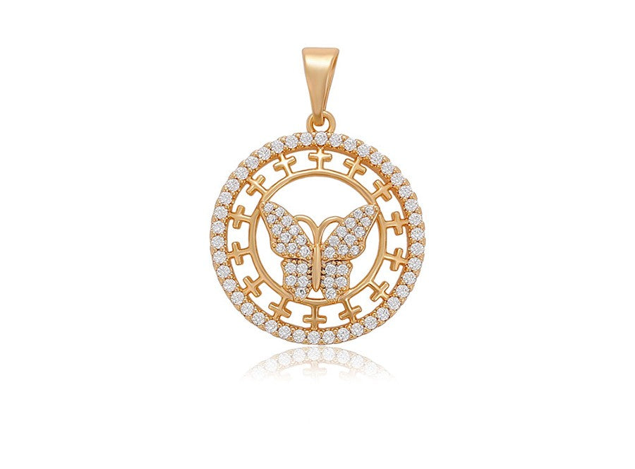 Mariposa Pave Zircon Butterfly Medallion Pendant | 18K Gold Plated Round Cutout Filigree Necklace Charm