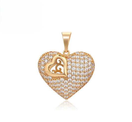 18K Gold Plated Pave Heart Pendant with Openwork Inner Heart