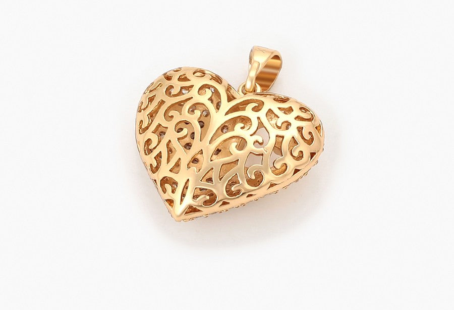 18K Gold Plated Pave Heart Pendant with Openwork Inner Heart