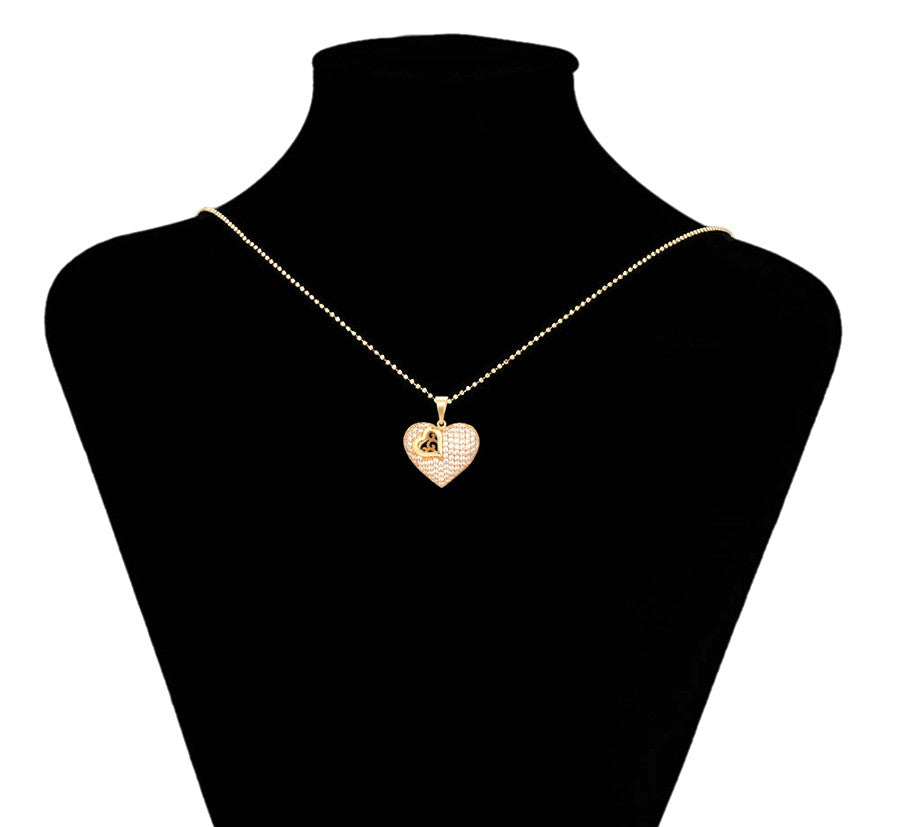 18K Gold Plated Pave Heart Pendant with Openwork Inner Heart