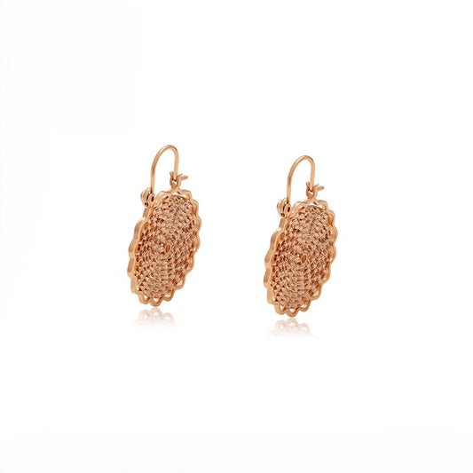 Aura Vintage Filigree Disc Drop Earrings | Rose Gold Plated Woven Textured Lever back Earrings