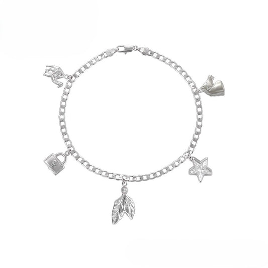Sterling Silver with Lock, Key, Star, Arrow, and Leaf Charms Anklet