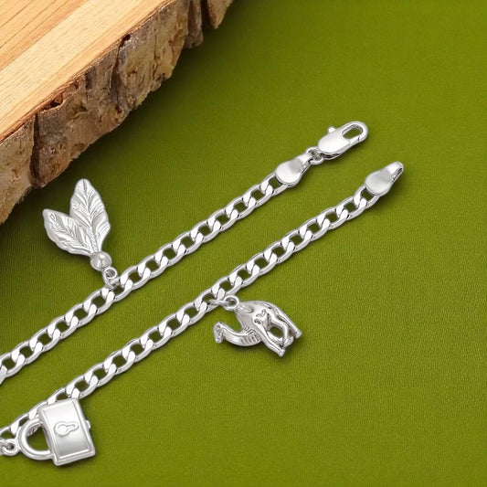 Sterling Silver Plated Charm Anklet with Star, Key, Lock, Leaf & Bird/Horse Charms