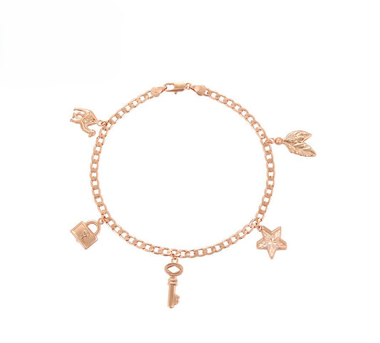 Rose Gold Charm  with Lock, Key, Star, Arrow, and Leaf Anklets