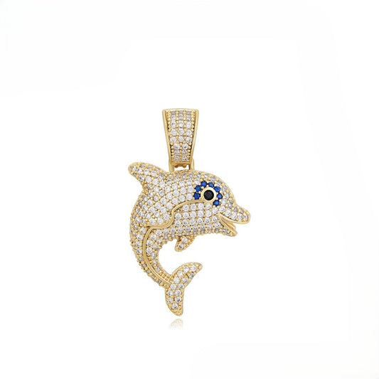 14K Gold Plated Iced Out Dolphin Pendant