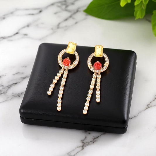 Unique Rose Gold Tassel Earrings with Yellow &amp; Red Crystals