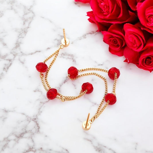 18K Gold Plated Linear Drop Earrings with Red Crystals
