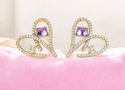 14K Gold Plated Pave Heart Stud Earrings with Purple Crystal Earrings
