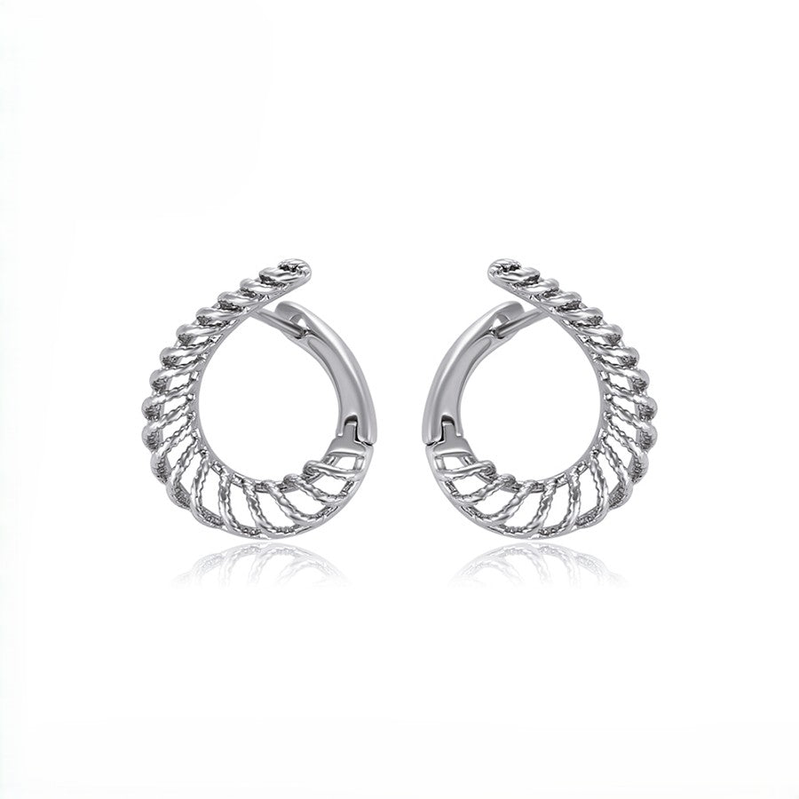 Aria Platinum Plated Openwork Twisted Rope Huggie Earrings | Sculptural Caged Crescent Hoop Earrings
