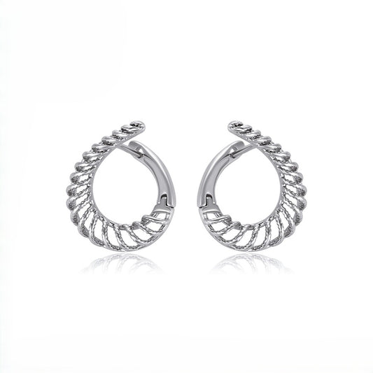 Aria Platinum Plated Openwork Twisted Rope Huggie Earrings | Sculptural Caged Crescent Hoop Earrings