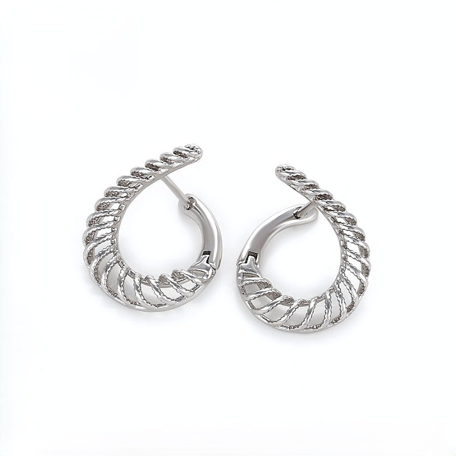 Aria Platinum Plated Openwork Twisted Rope Huggie Earrings | Sculptural Caged Crescent Hoop Earrings