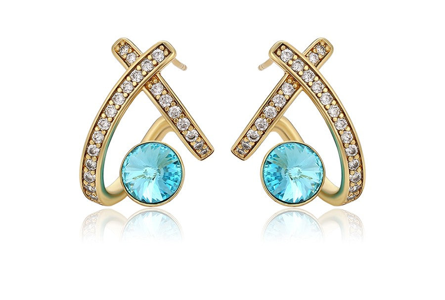 14K Gold Plated X-Shape Stud Earrings in Gold Finish with Coral Red/ Blue Stones
