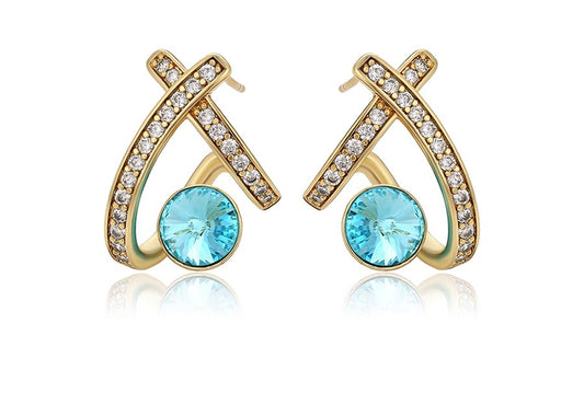 14K Gold Plated X-Shape Stud Earrings in Gold Finish with Coral Red/ Blue Stones