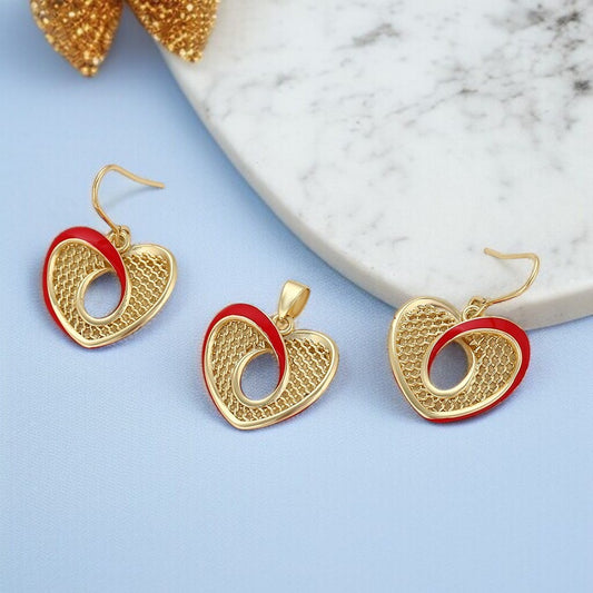 14K Gold Plated Red Enamel Mesh Heart Pendant &amp; Dangle Earrings Set