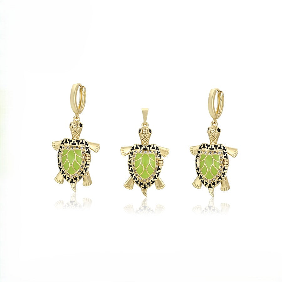 Sea Turtle Pendant & Drop Earrings Set I 14K Gold Plated Sage Green Crystal Pendant & Drop Earrings