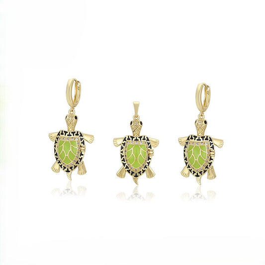 Sea Turtle Pendant & Drop Earrings Set I 14K Gold Plated Sage Green Crystal Pendant & Drop Earrings