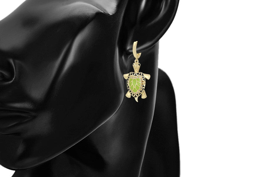 Sea Turtle Pendant & Drop Earrings Set I 14K Gold Plated Sage Green Crystal Pendant & Drop Earrings