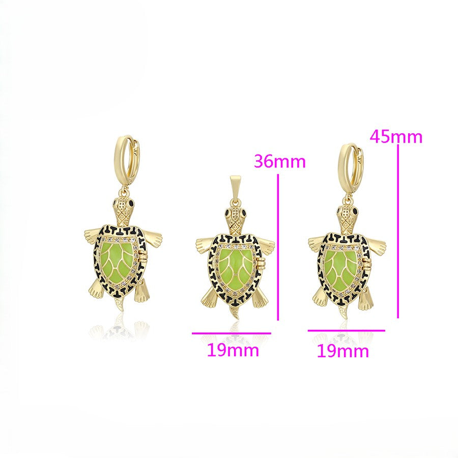 Sea Turtle Pendant & Drop Earrings Set I 14K Gold Plated Sage Green Crystal Pendant & Drop Earrings