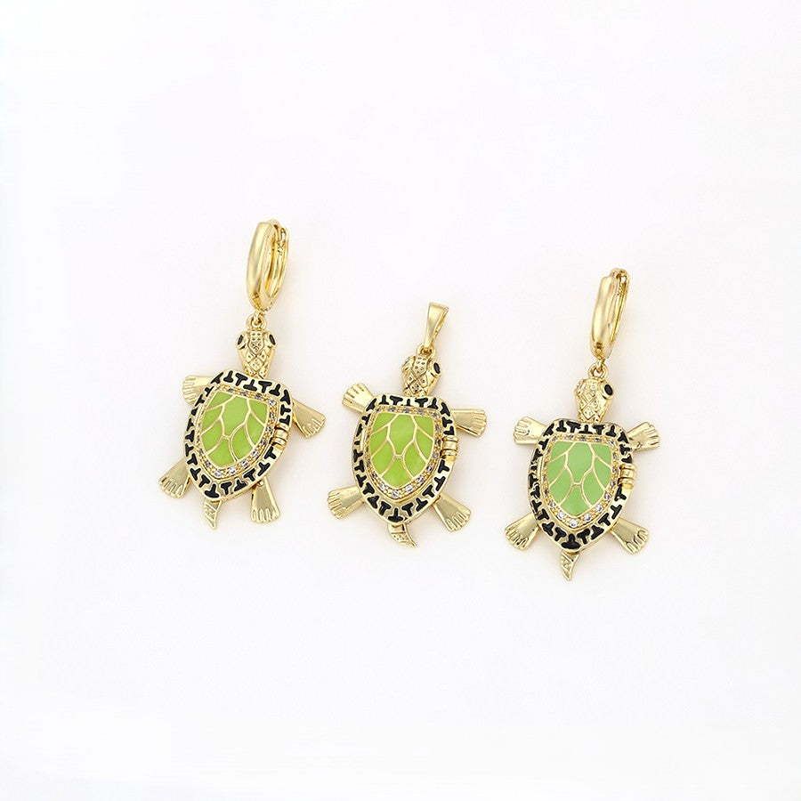 Sea Turtle Pendant & Drop Earrings Set I 14K Gold Plated Sage Green Crystal Pendant & Drop Earrings