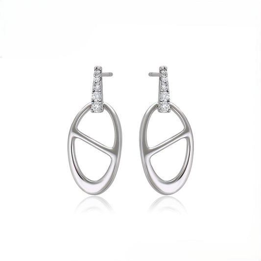 Silver Open Oval Dangle Earrings with Crystal Pave Stud