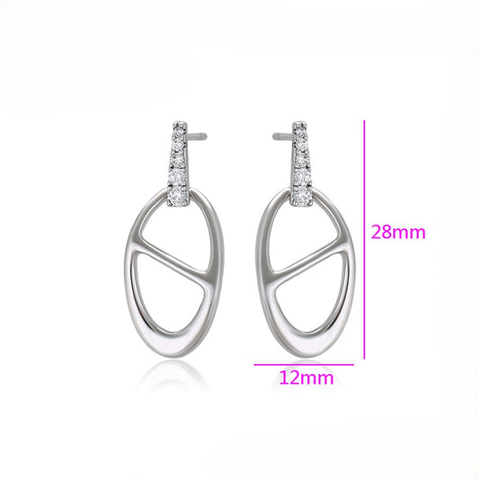 Silver Open Oval Dangle Earrings with Crystal Pave Stud