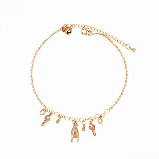 18K Gold Plated Charm Anklet with Hand, Key, Horseshoe, and Wishbone Charms