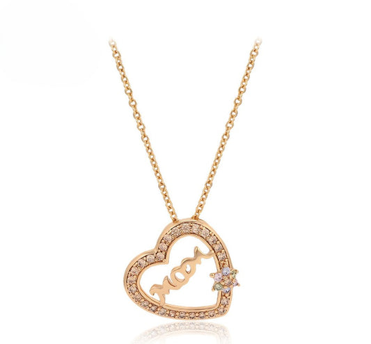 "Mom" Heart Pendant Necklace with Crystal Accents - 18K Gold Plated