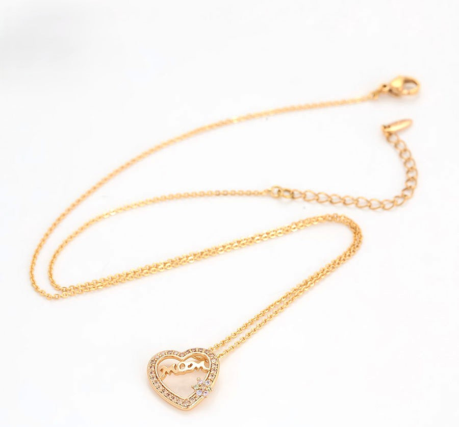 "Mom" Heart Pendant Necklace with Crystal Accents - 18K Gold Plated