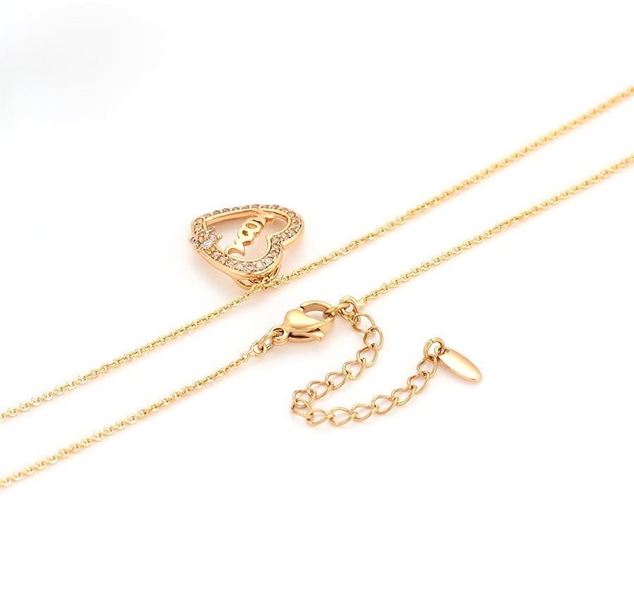 "Mom" Heart Pendant Necklace with Crystal Accents - 18K Gold Plated